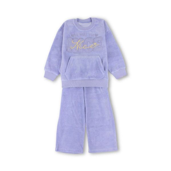 Girls Velvet Long-Sleeved Pajama Set with "Nice To Meet You" Print
