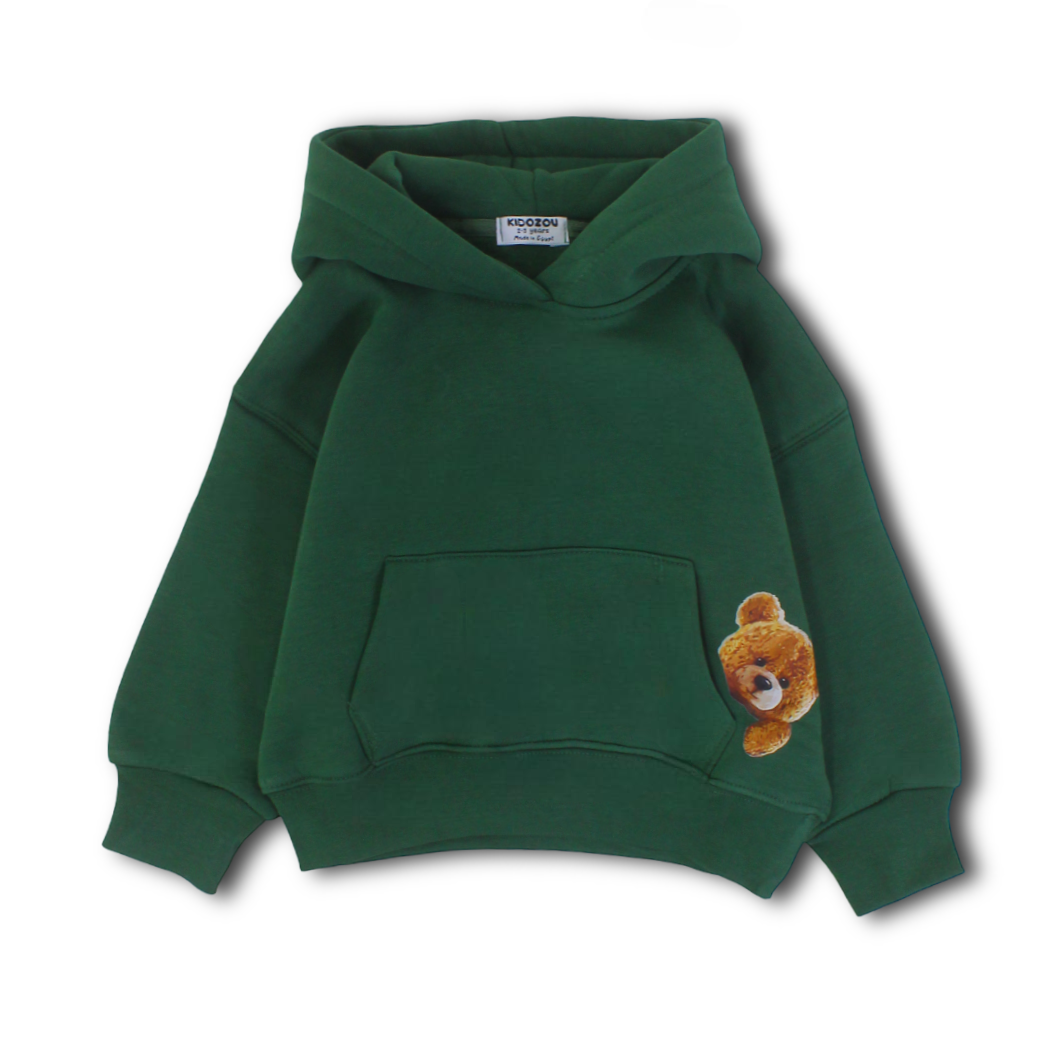 Baby Boys Hoodie – Olive with BEAR POCKET Detail
