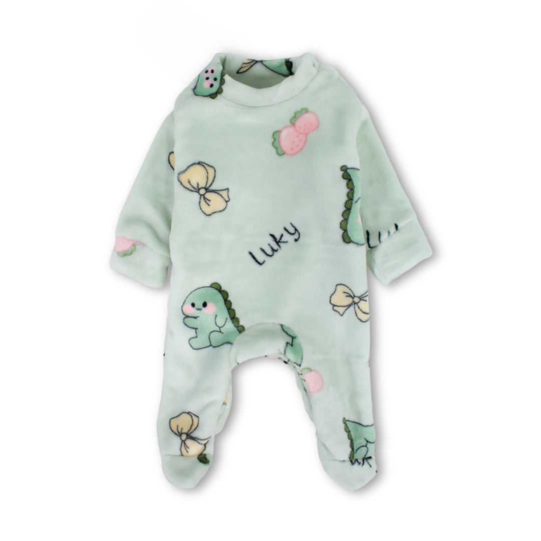 Baby Girls Long-Sleeved Baby Footie – Mint with Lucky Dino Print