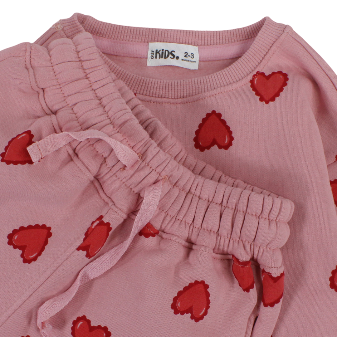 Girls Long-Sleeved Pajama – Dusty Pink with Hearts Print