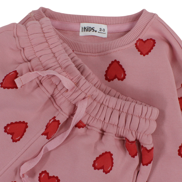 Girls Long-Sleeved Pajama – Dusty Pink with Hearts Print