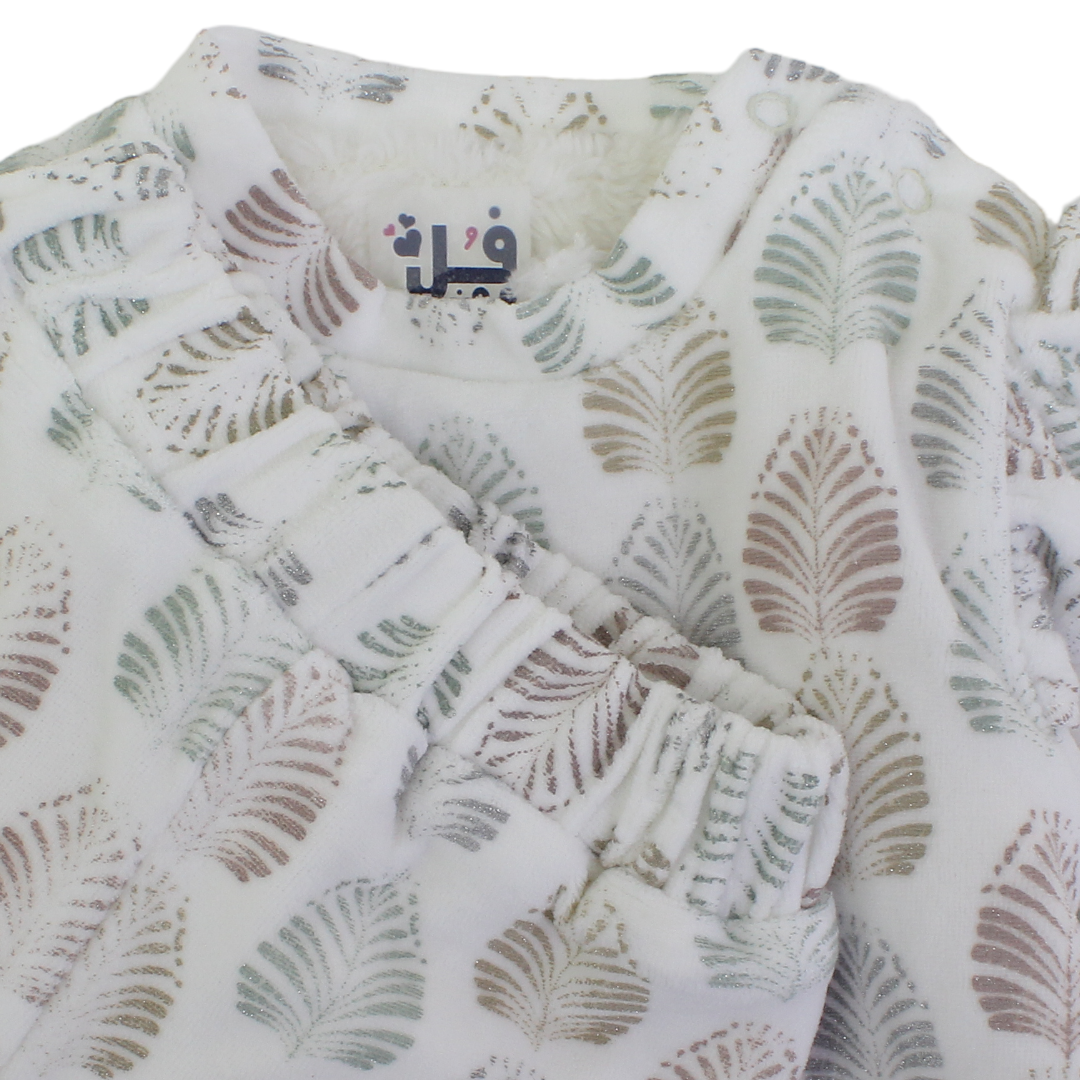 Baby Girls Velvet Two-Piece Pajama – Off-White with Tricolor Detail