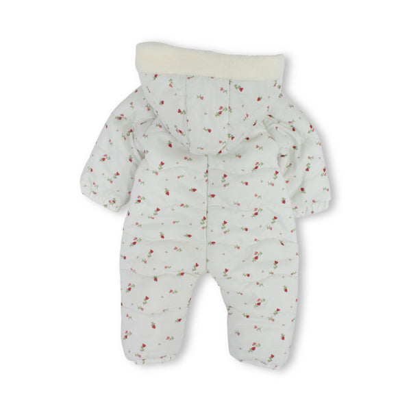 Baby Girls Padded Waterproof Hooded Baby Footie – Off-White with Red Floral Print