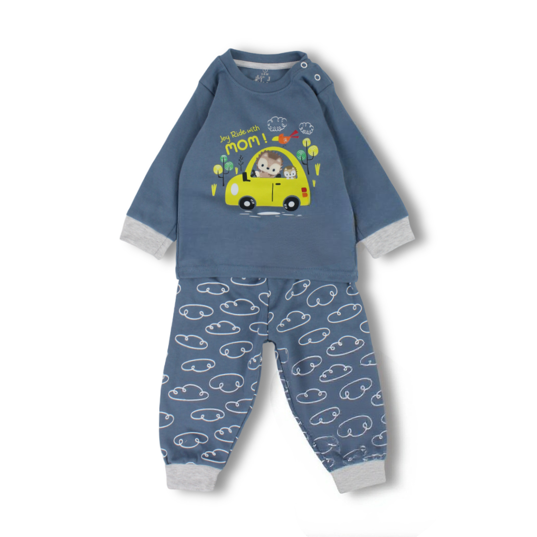 Baby Boys Long-Sleeved Pajama – Olive & Petrol Blue with Yellow Car Print