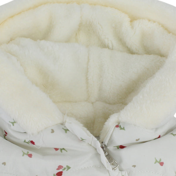 Baby Girls Padded Waterproof Hooded Baby Footie – Off-White with Red Floral Print