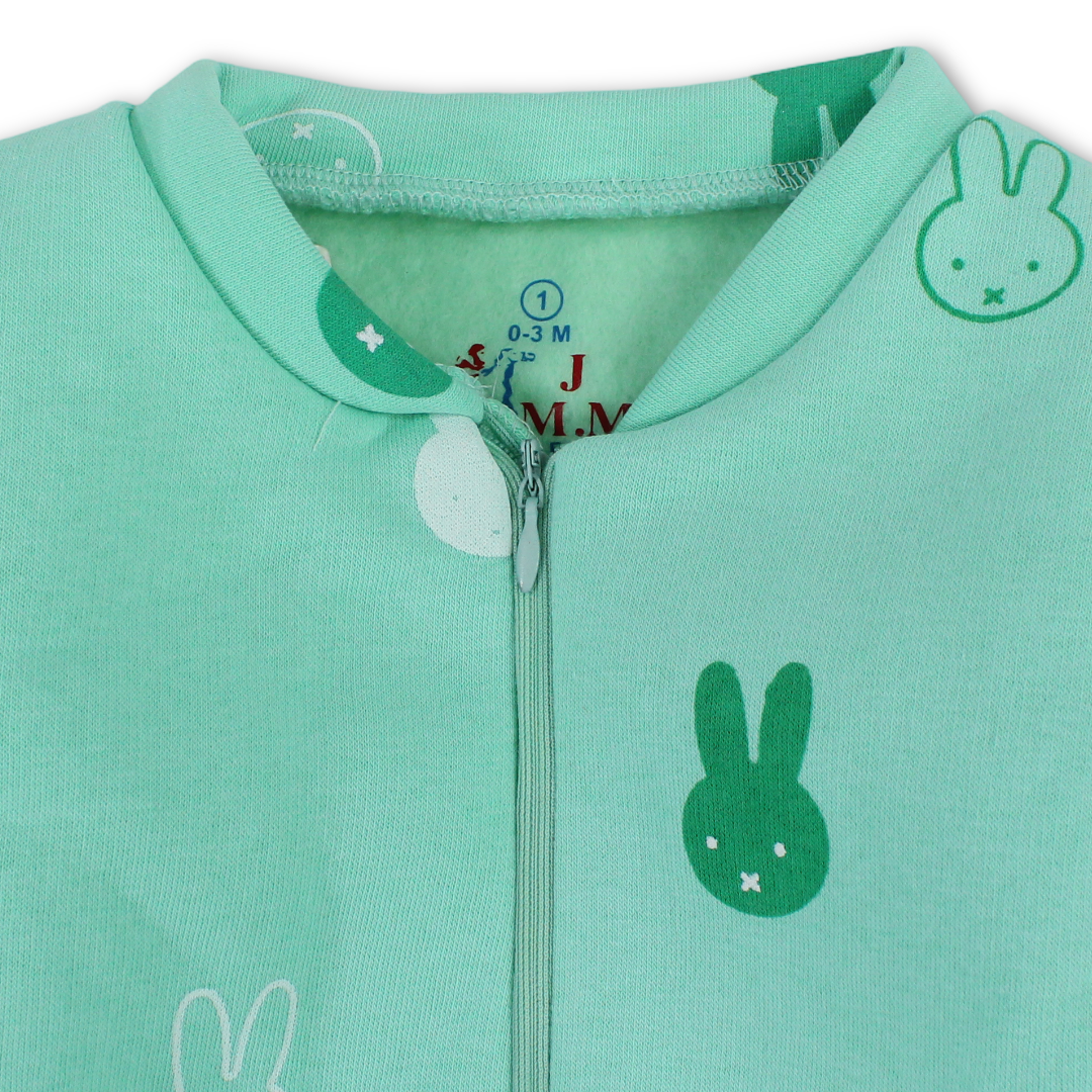 Baby Boys Long-Sleeved Baby Footie – Mint & Off-White with Bunny Print