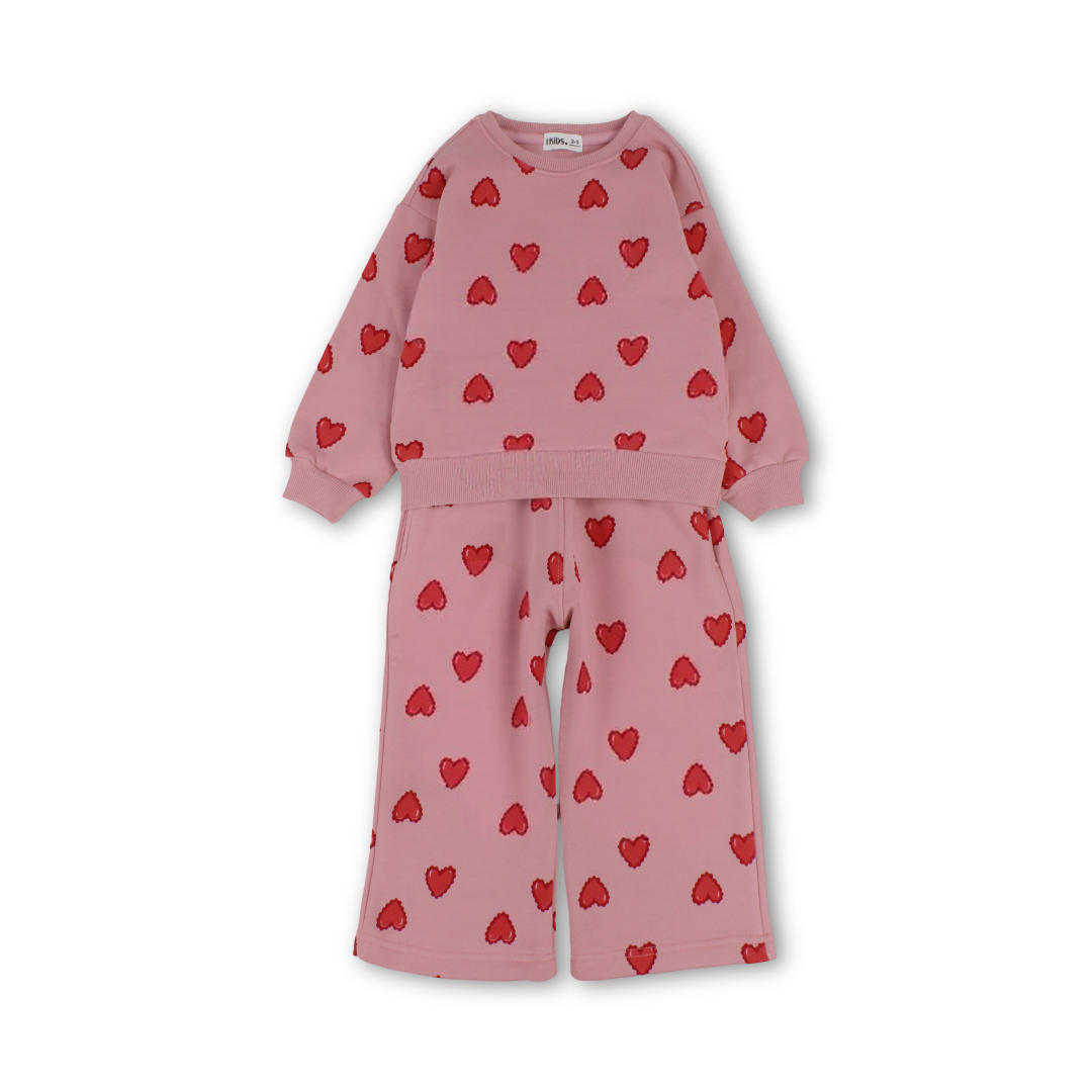 Girls Long-Sleeved Pajama – Dusty Pink with Hearts Print