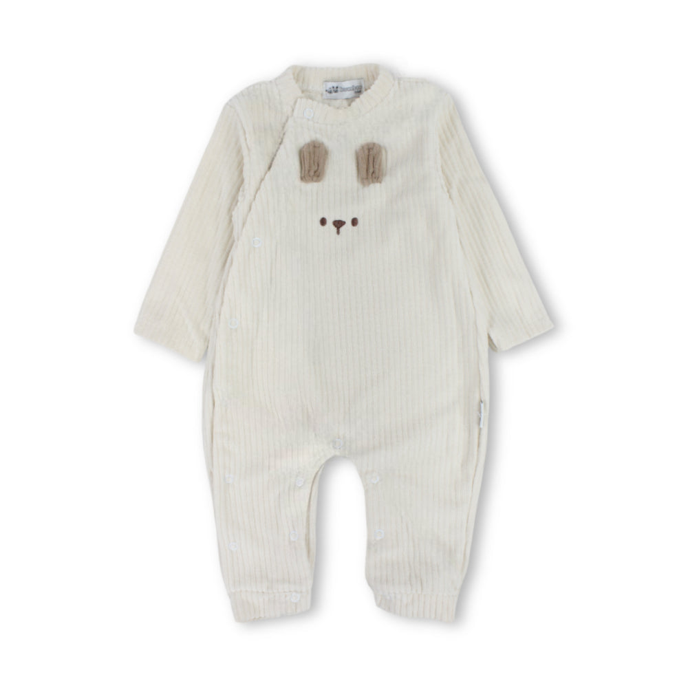 Baby Boys Cotton Ribbed Baby Footie with Bear Face Detail