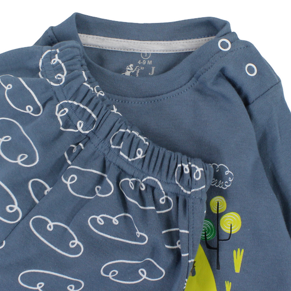 Baby Boys Long-Sleeved Pajama – Olive & Petrol Blue with Yellow Car Print
