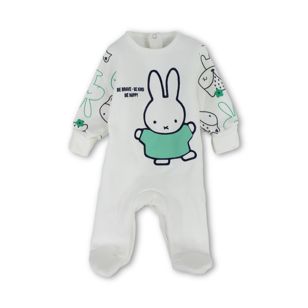 Baby Boys Long-Sleeved Baby Footie – Mint & Off-White with Bunny Print