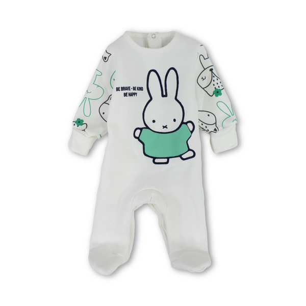 Baby Boys Long-Sleeved Baby Footie – Mint & Off-White with Bunny Print