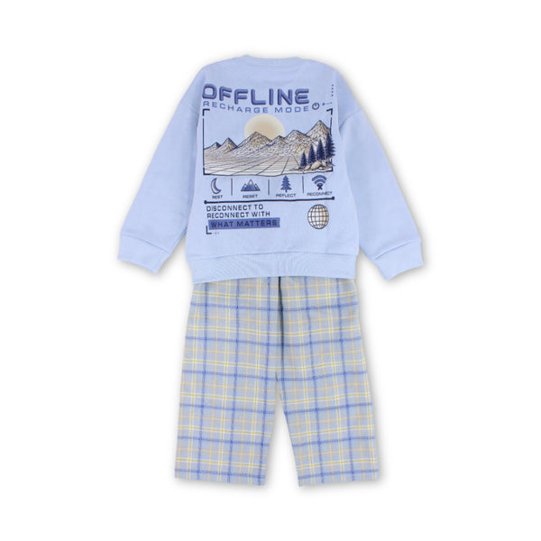 Boys Cotton Long-Sleeved Pajama Set – Baby Blue with "Offline" Print