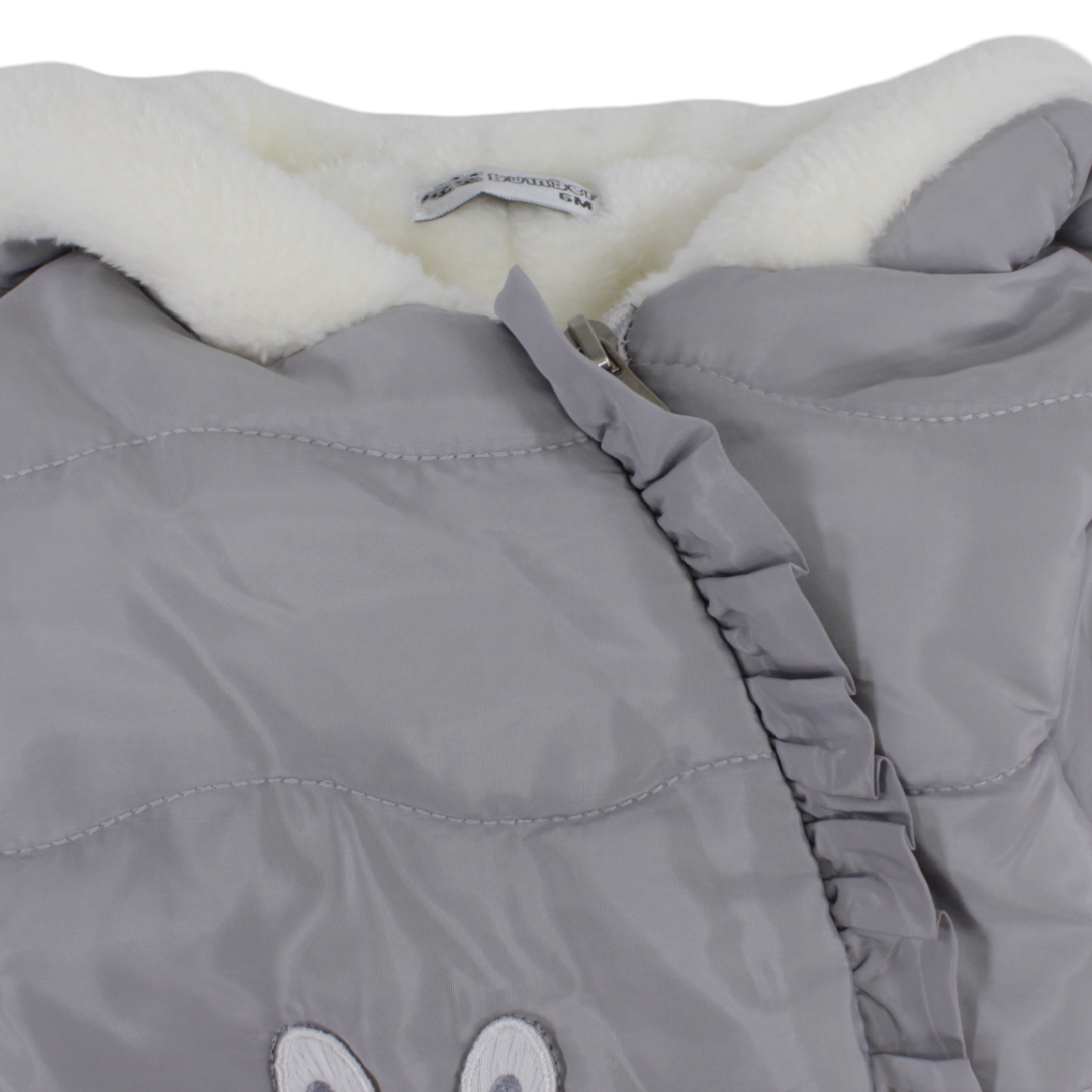 Baby Girls Padded Waterproof Long-sleeved Baby Footie – Grey With Bunny Face Embroidery