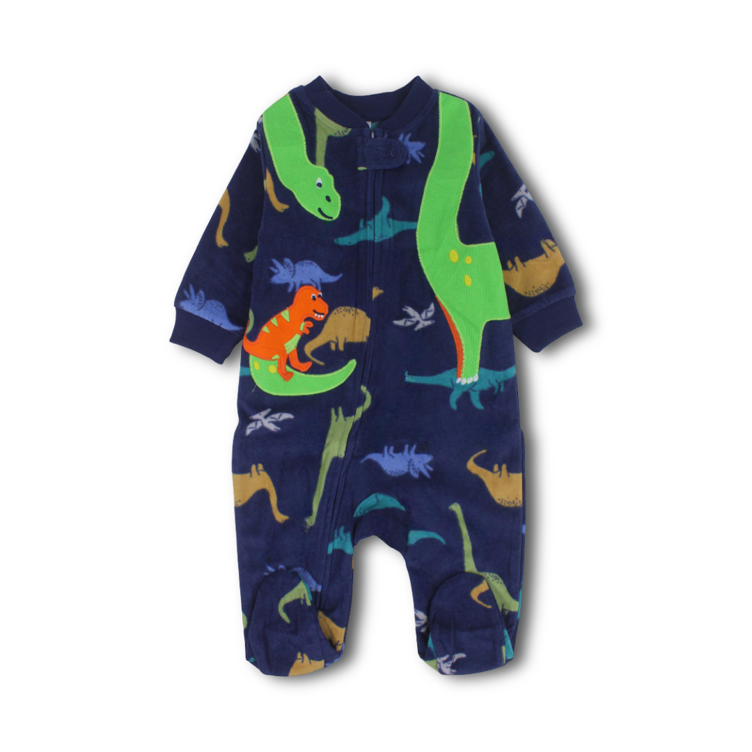 Baby Boys Long-Sleeved Baby Footie – Navy with Green Dragon Print