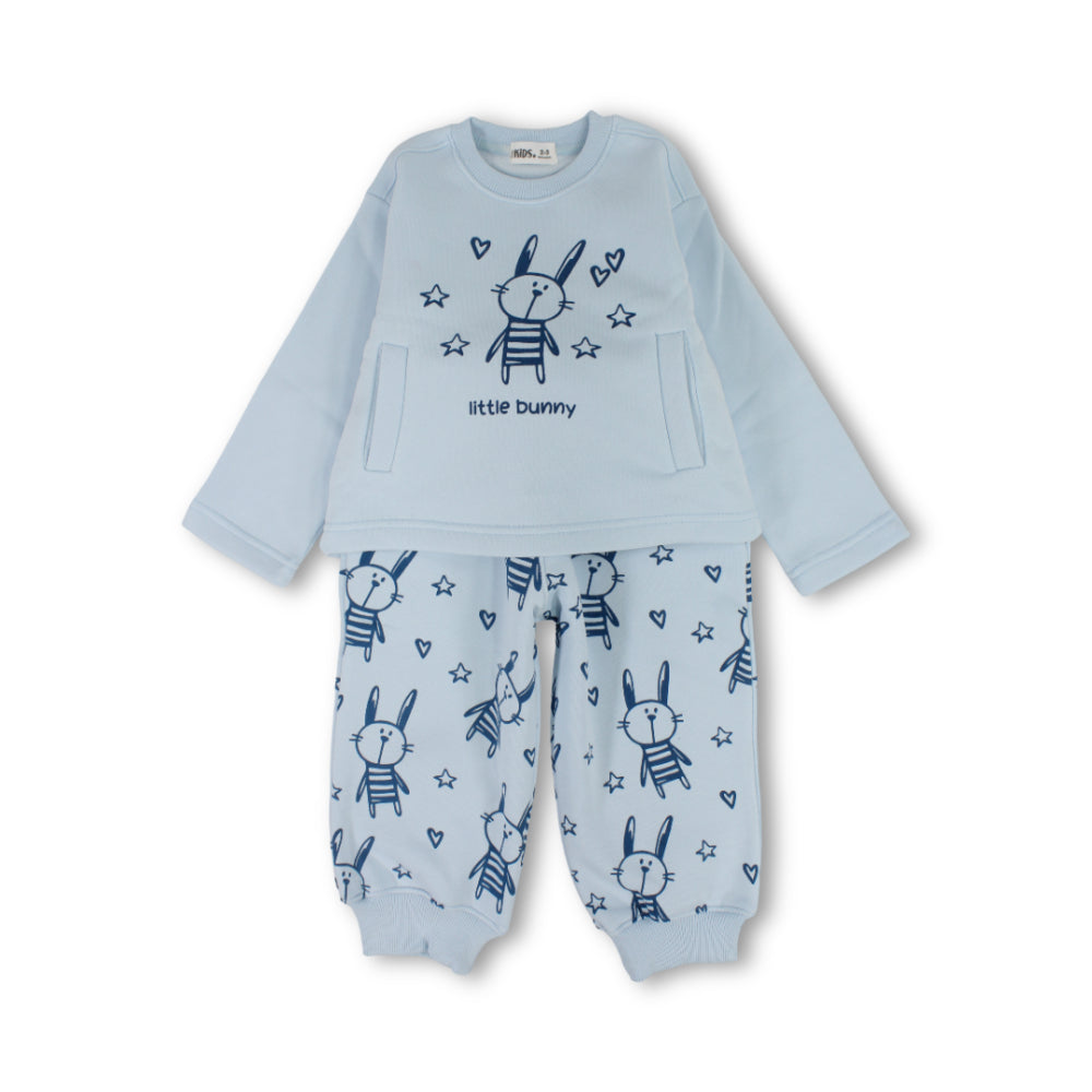 Girls Cotton Long-Sleeved Pajama Set – Baby Blue with "Little Bunny" Print