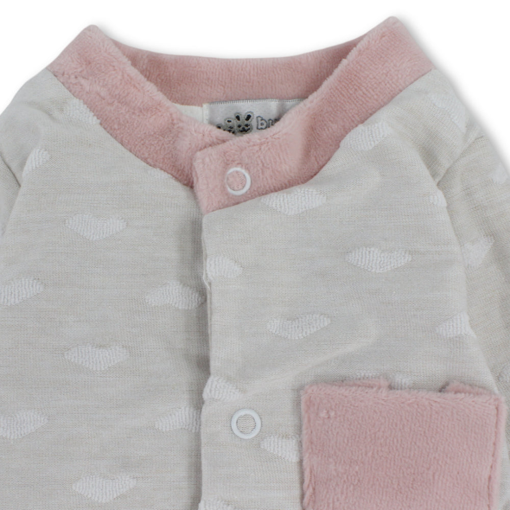 Baby Girls Cotton Baby Footie – Beige & Dusty Pink with Heart Pattern and Pocket