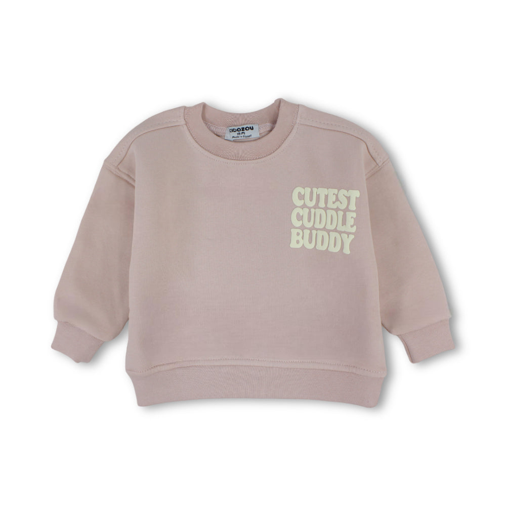 Girls Cotton Sweatshirt – Dusty Pink with "Cutest Cuddle Buddy" Print