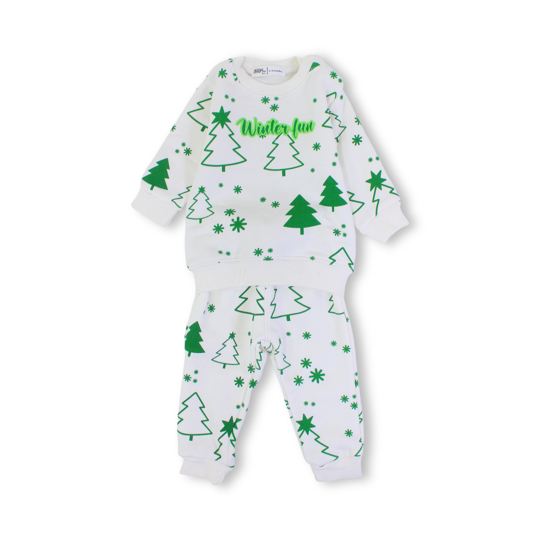 Baby Boys Long-Sleeved Pajama Set – Off White with "Winter Fun" Print