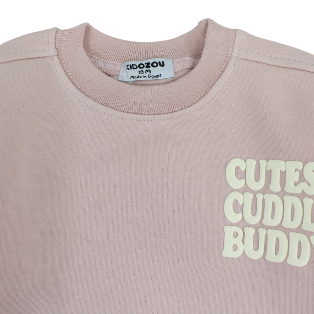 Girls Cotton Sweatshirt – Dusty Pink with "Cutest Cuddle Buddy" Print