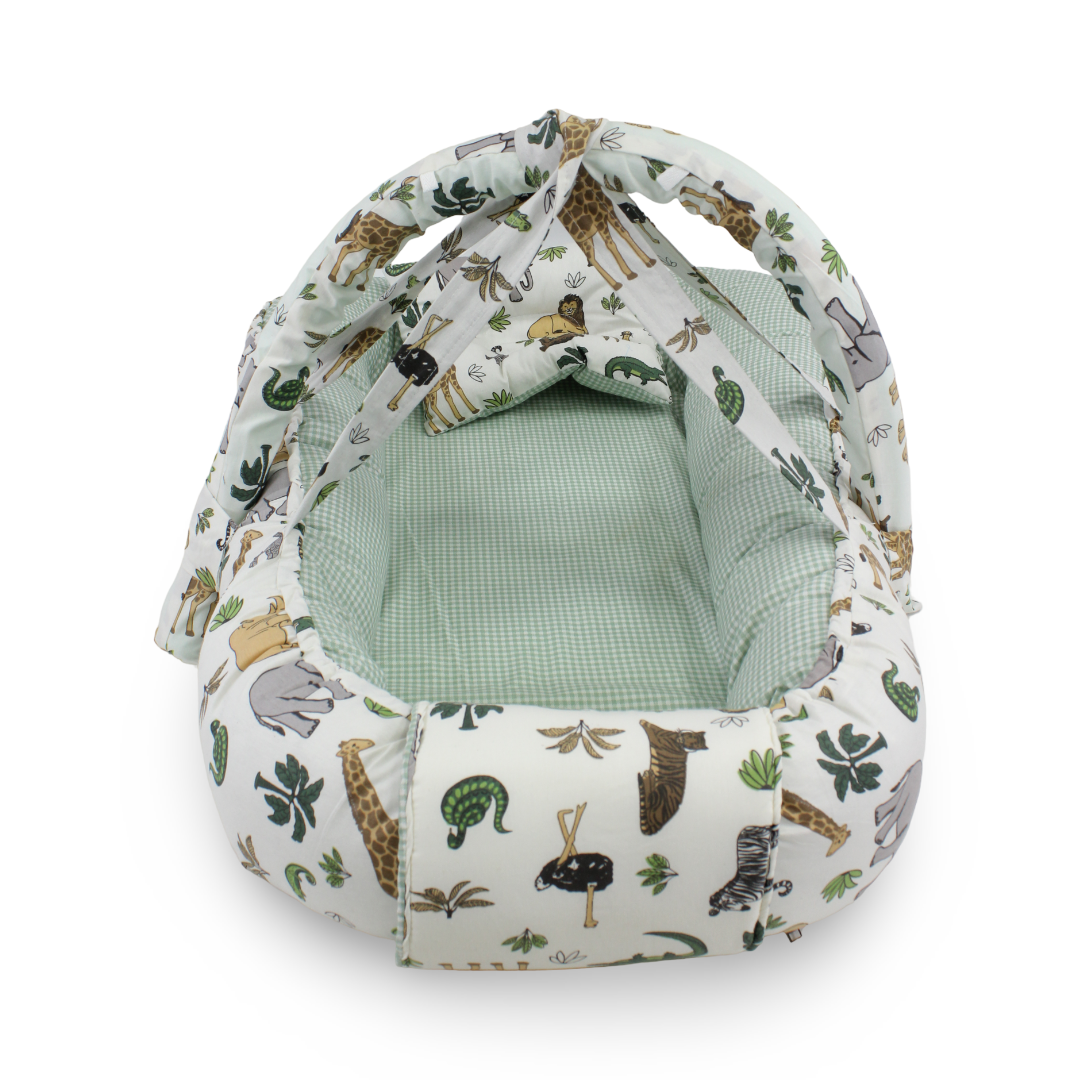 Baby Nest – Off-White & Green Checkered with Forest Animals Print