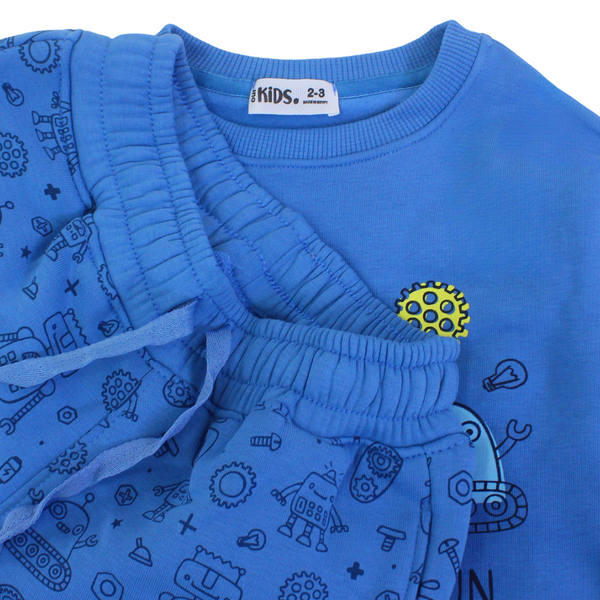 Boys Long-Sleeved Pajama Set – Indigo with "Robot" Print
