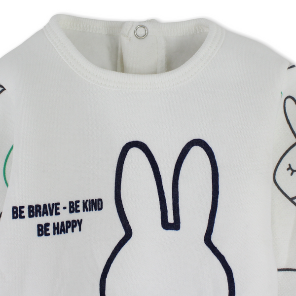 Baby Boys Cotton Long-Sleeved Baby Footie – Mint & Off-White with Bunny Print