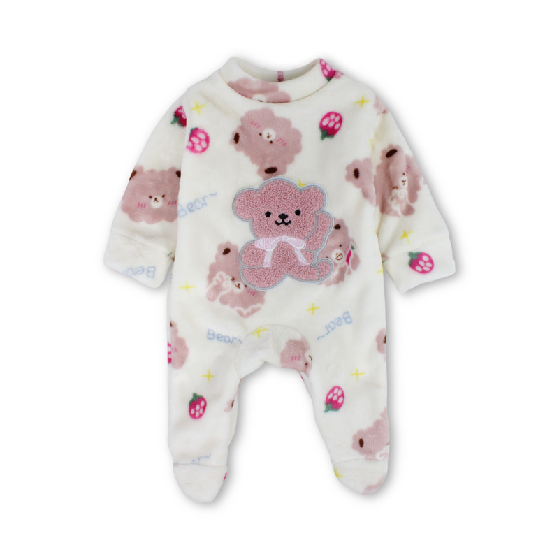 Baby Girls Fleece Long-Sleeved Baby Footie – Off-White with Bear Print