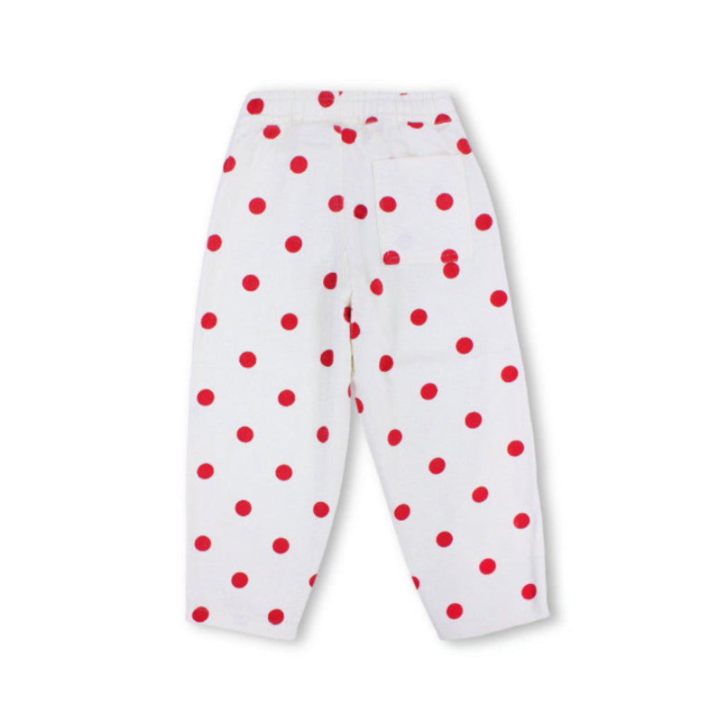 Girls Gabardine Pants – Off-White with Red Polka Dot Print
