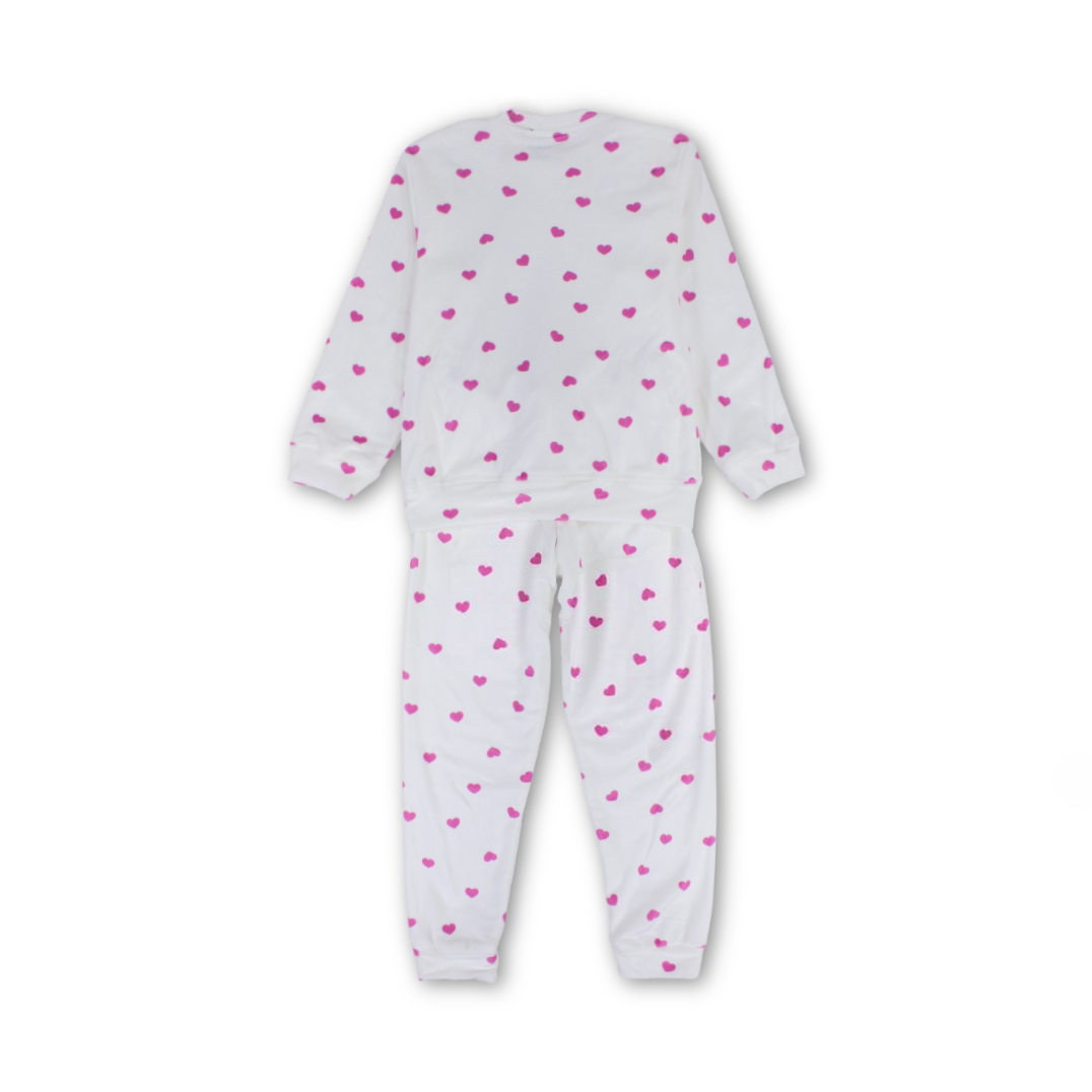 Girls Long-Sleeved Pajama – White with Hearts Print
