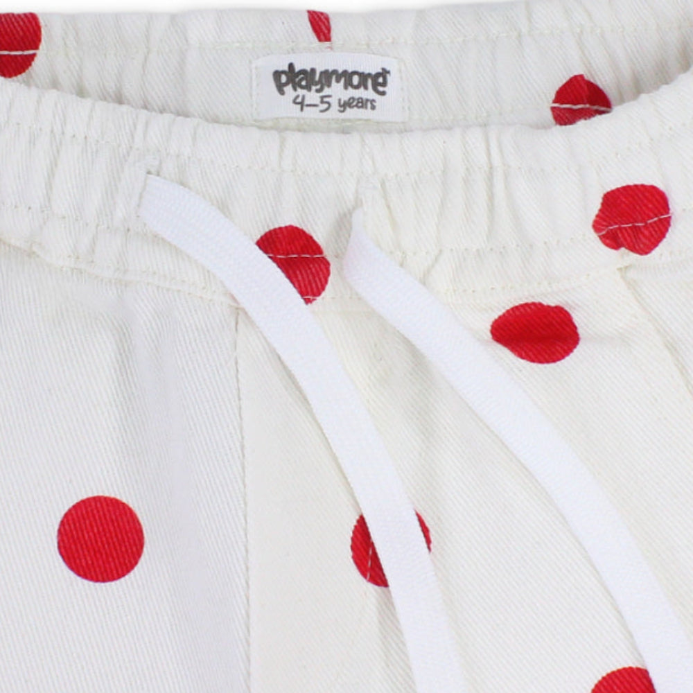 Girls Gabardine Pants – Off-White with Red Polka Dot Print
