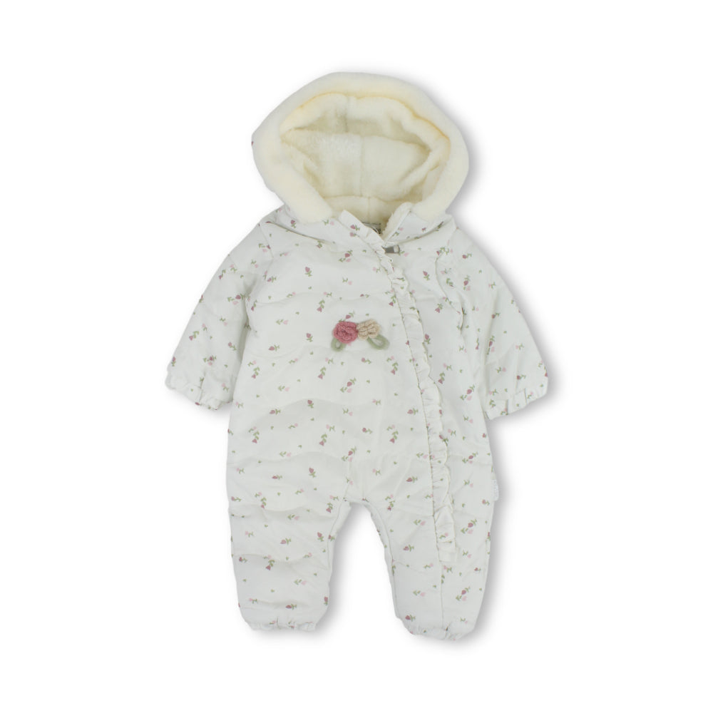 Baby Girls Padded Waterproof Hooded Baby Footie – Off-White with Dusty Pink Floral Print