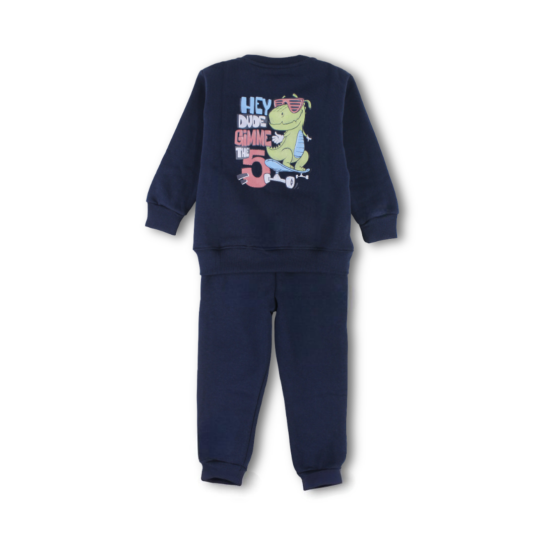Boys Long-Sleeved Pajama – Navy & Olive with Dinosaur Skating Print