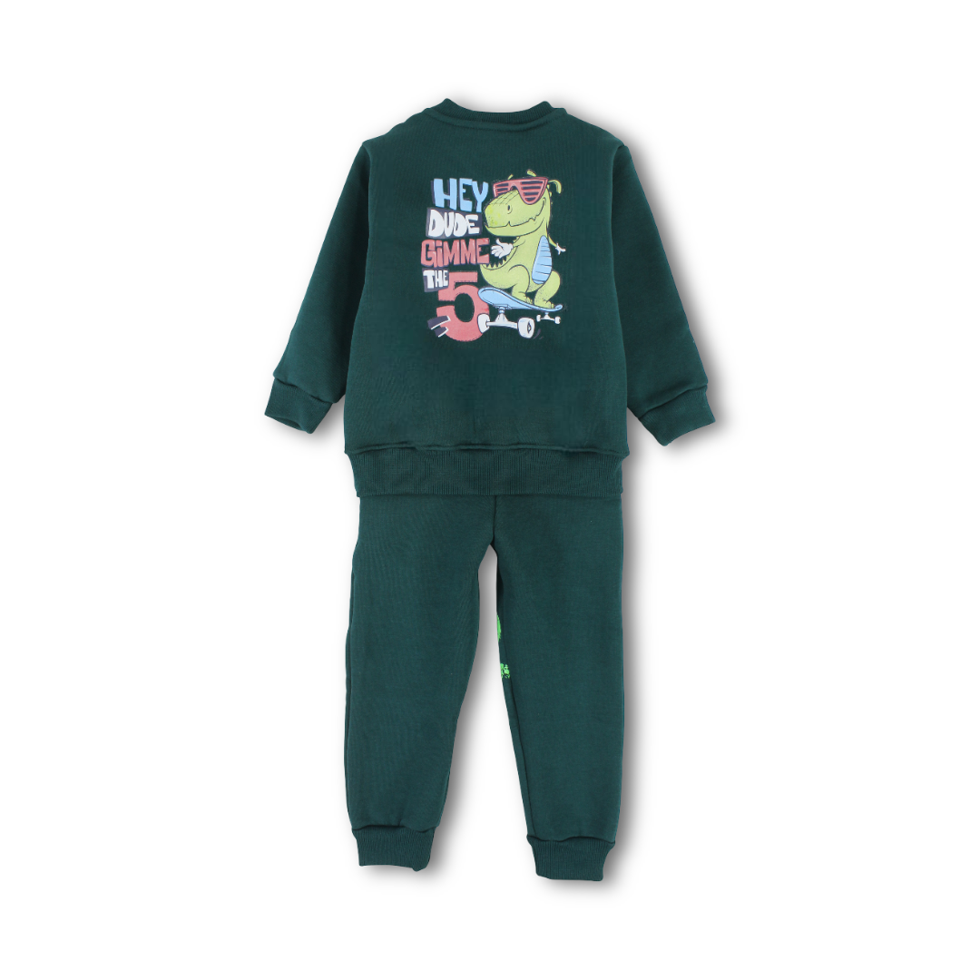 Boys Long-Sleeved Pajama – Navy & Olive with Dinosaur Skating Print