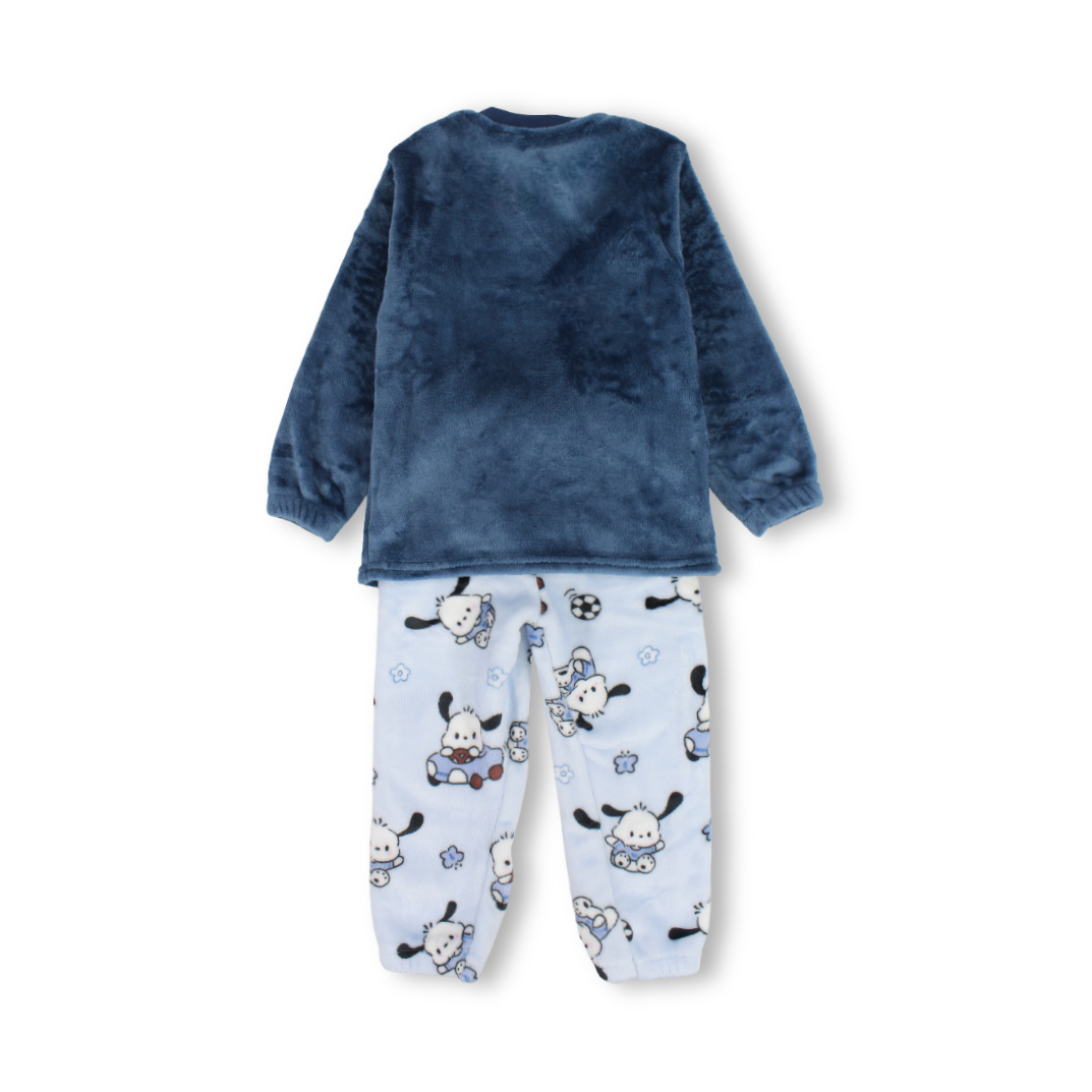 Boys Velvet Long-Sleeved Pajama – Petrol Blue with Dog & Car Print