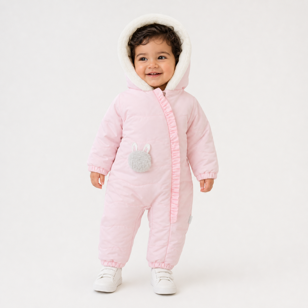 Baby Girls Padded Waterproof Long-sleeved Baby Footie – Pink With Bunny Face Embroidery