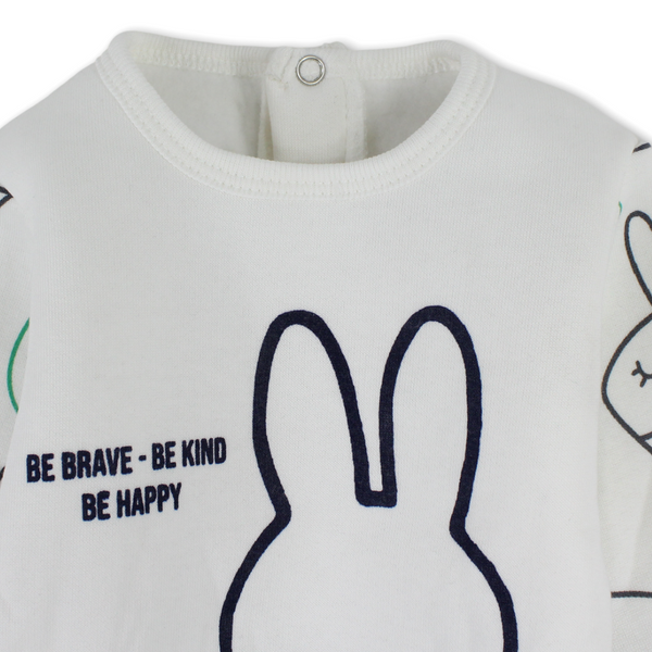 Baby Boys Long-Sleeved Baby Footie – Mint & Off-White with Bunny Print