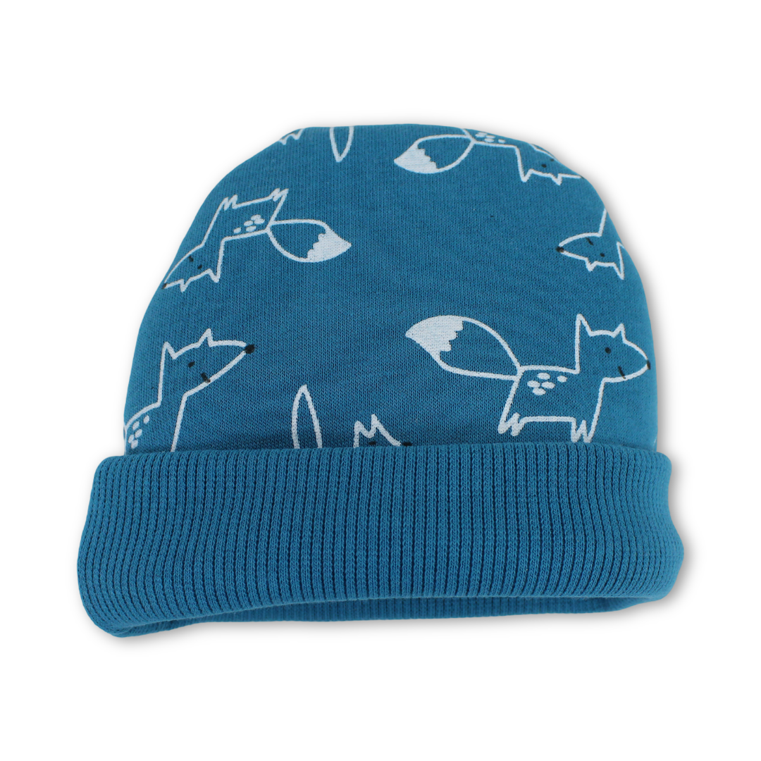 Baby Boys Cotton Beanie – Petrol Blue with Fox Print