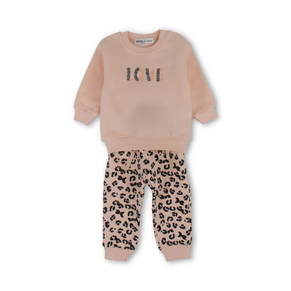 Girls Cotton Long-Sleeved Pajama Set – Salmon with "LOVE" Print