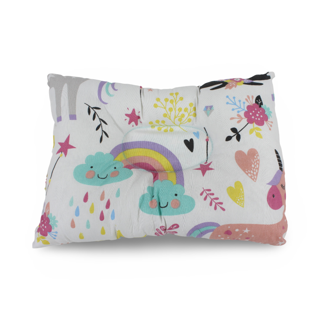 Baby Small Pillow – Off-White with Unicorn, Hearts & Flowers Print