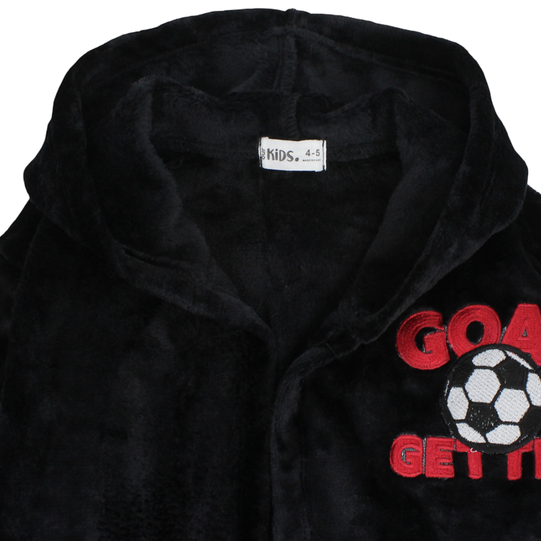 Boys Velvet Hooded Plush Robe – Black with "Goal Getter" Print