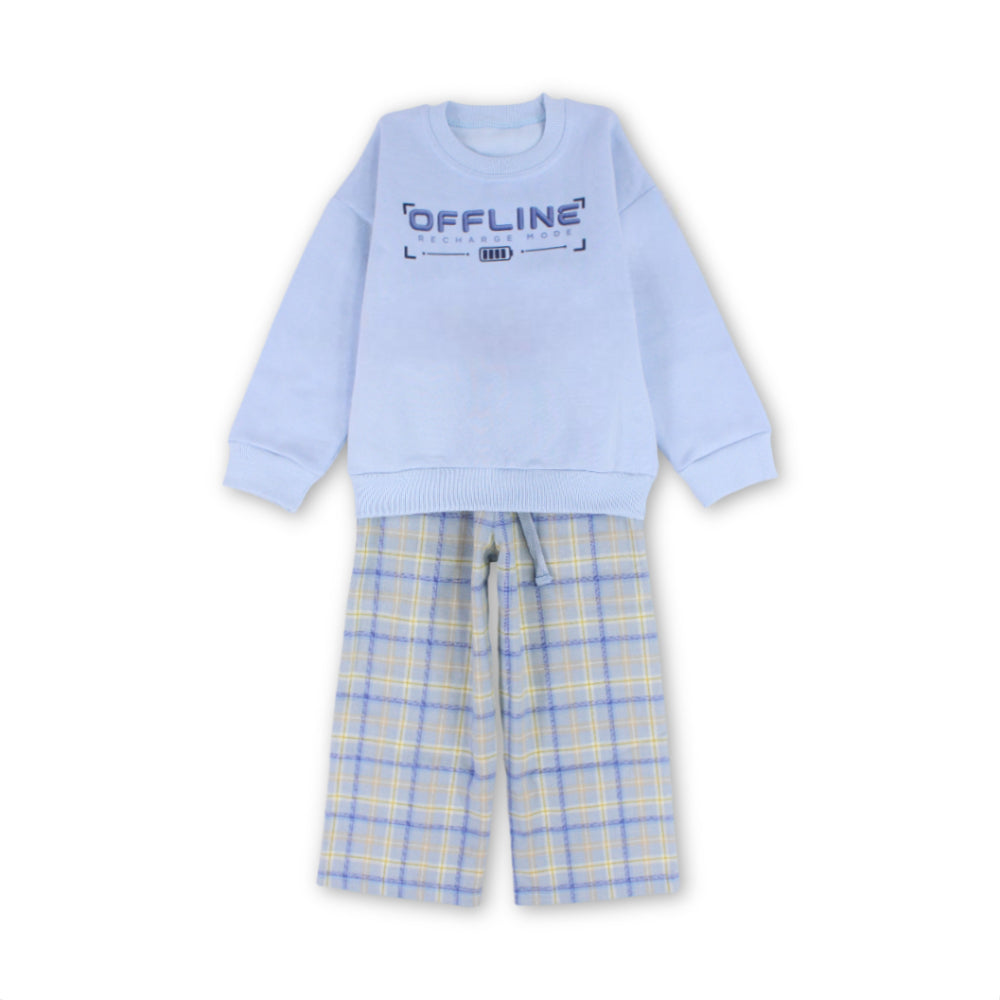 Boys Cotton Long-Sleeved Pajama Set – Baby Blue with "Offline" Print