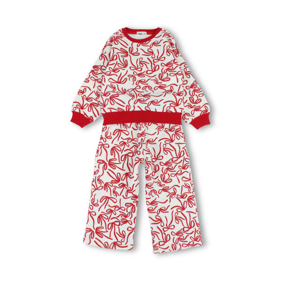 Girls Long-Sleeved Pajama – Off-White with Ribbons & Bows Print