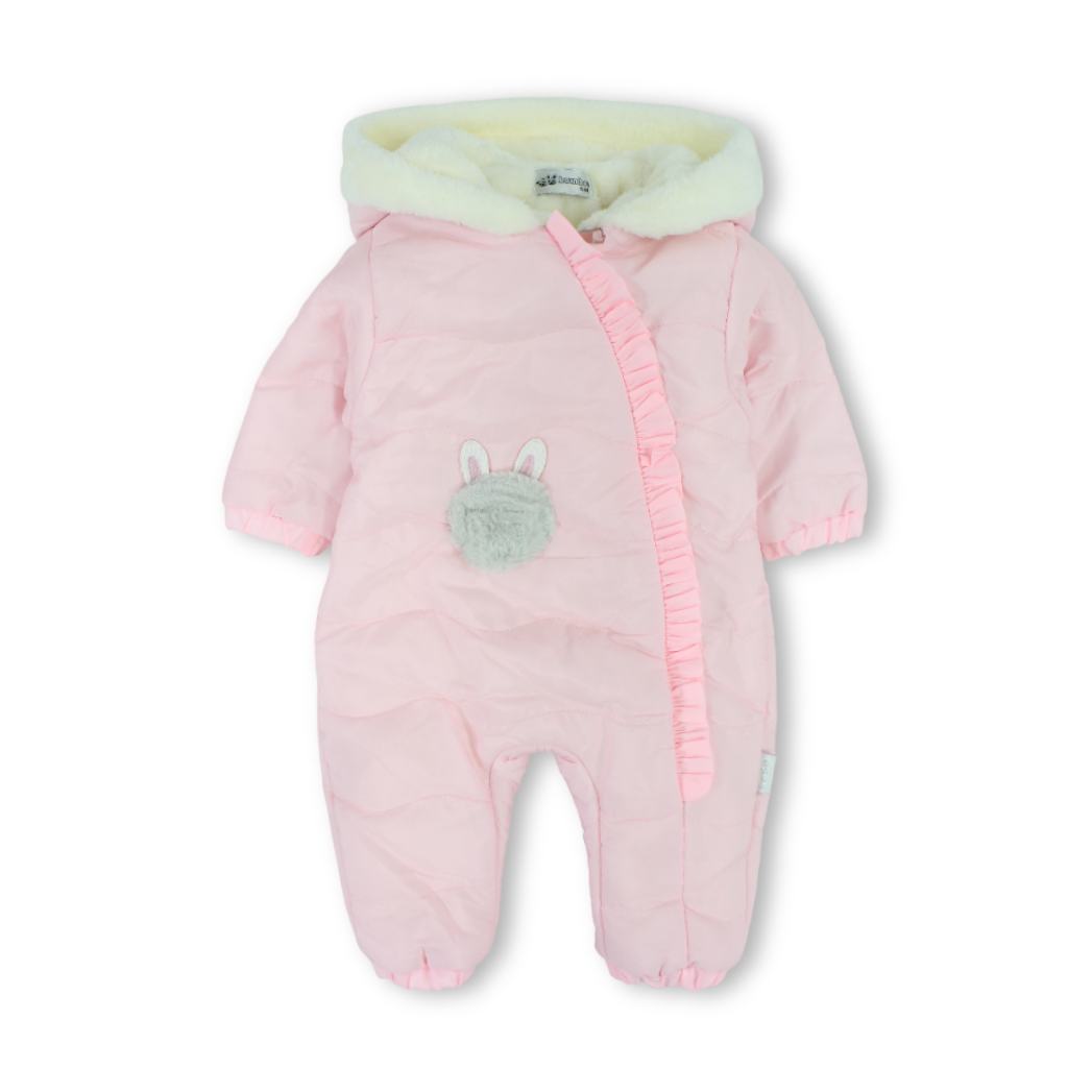 Baby Girls Padded Waterproof Long-sleeved Baby Footie – Pink With Bunny Face Embroidery