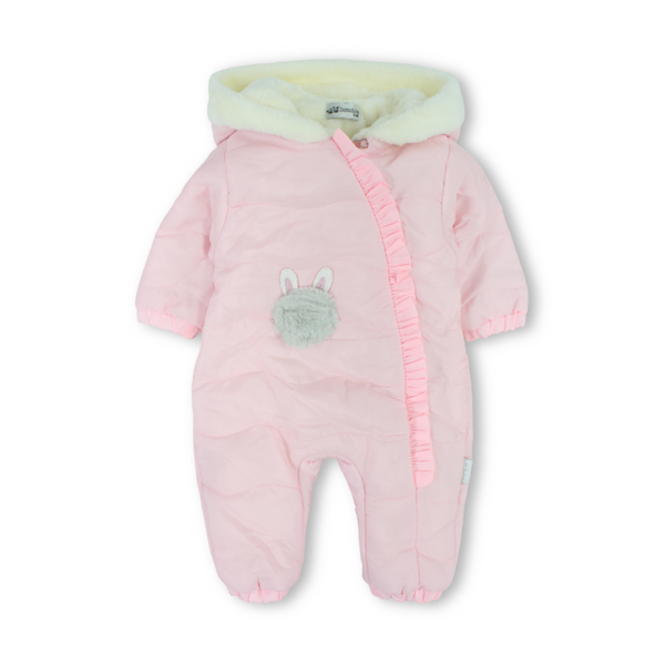 Baby Girls Padded Waterproof Long-sleeved Baby Footie – Pink With Bunny Face Embroidery