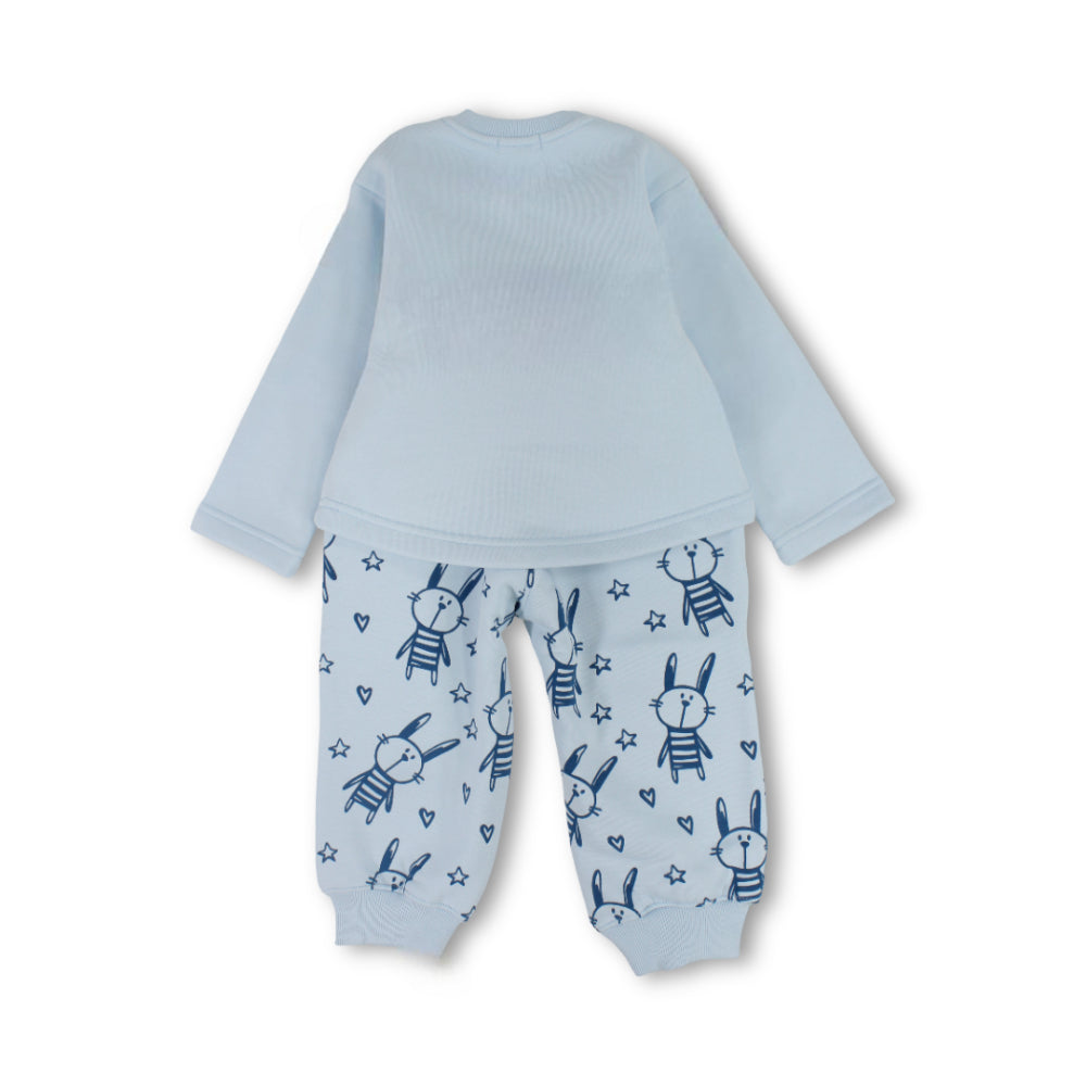 Girls Cotton Long-Sleeved Pajama Set – Baby Blue with "Little Bunny" Print
