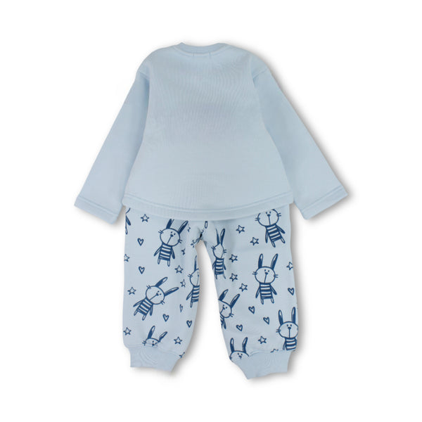 Girls Cotton Long-Sleeved Pajama Set – Baby Blue with "Little Bunny" Print