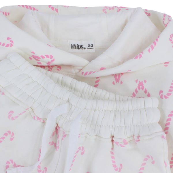 Girls Hooded Long-Sleeved Pajama – Off-White with Pink Candy Print