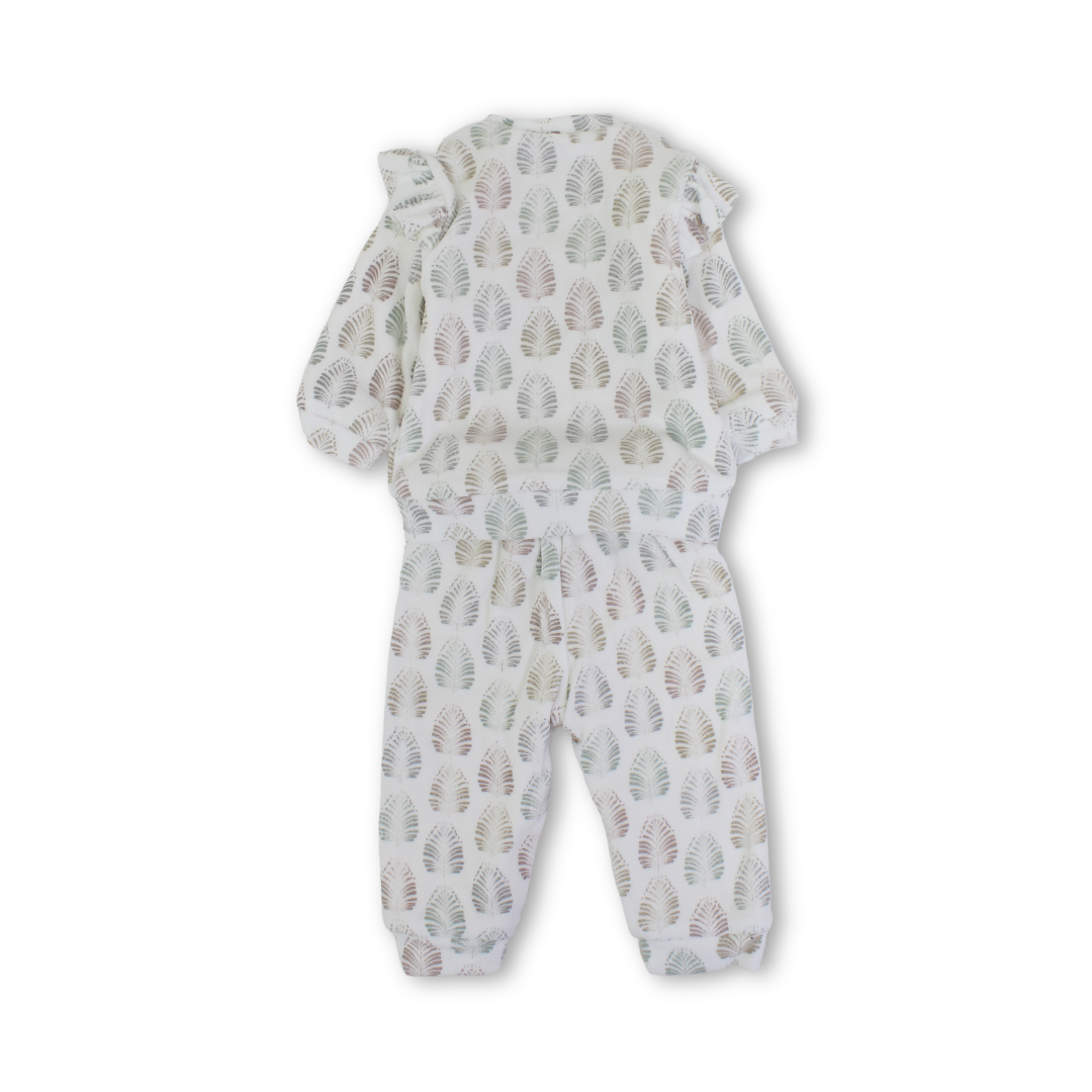 Baby Girls Velvet Two-Piece Pajama – Off-White with Tricolor Detail