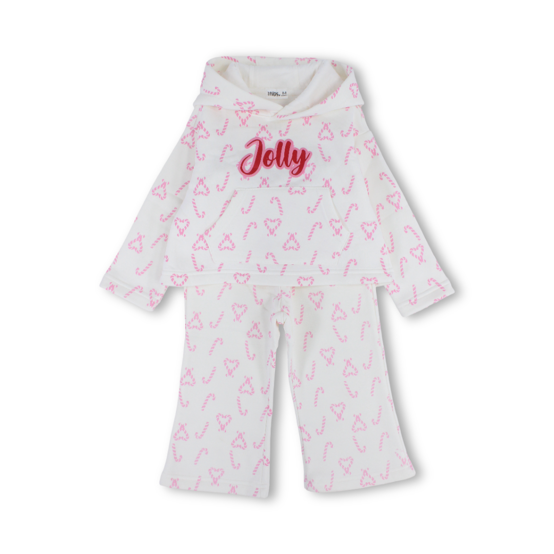 Girls Hooded Long-Sleeved Pajama – Off-White with Pink Candy Print