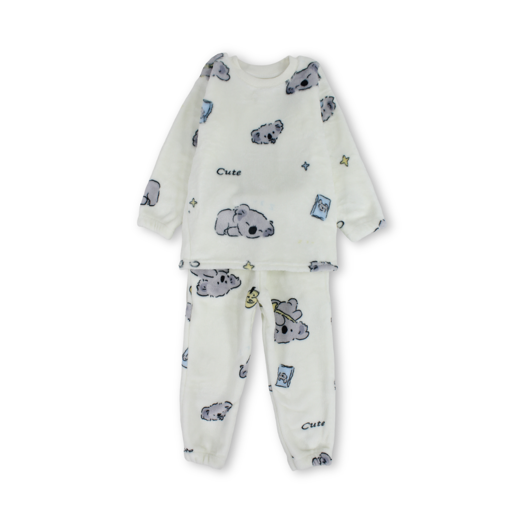 Girls Velvet Long-Sleeved Pajama – Off White with Koala Print